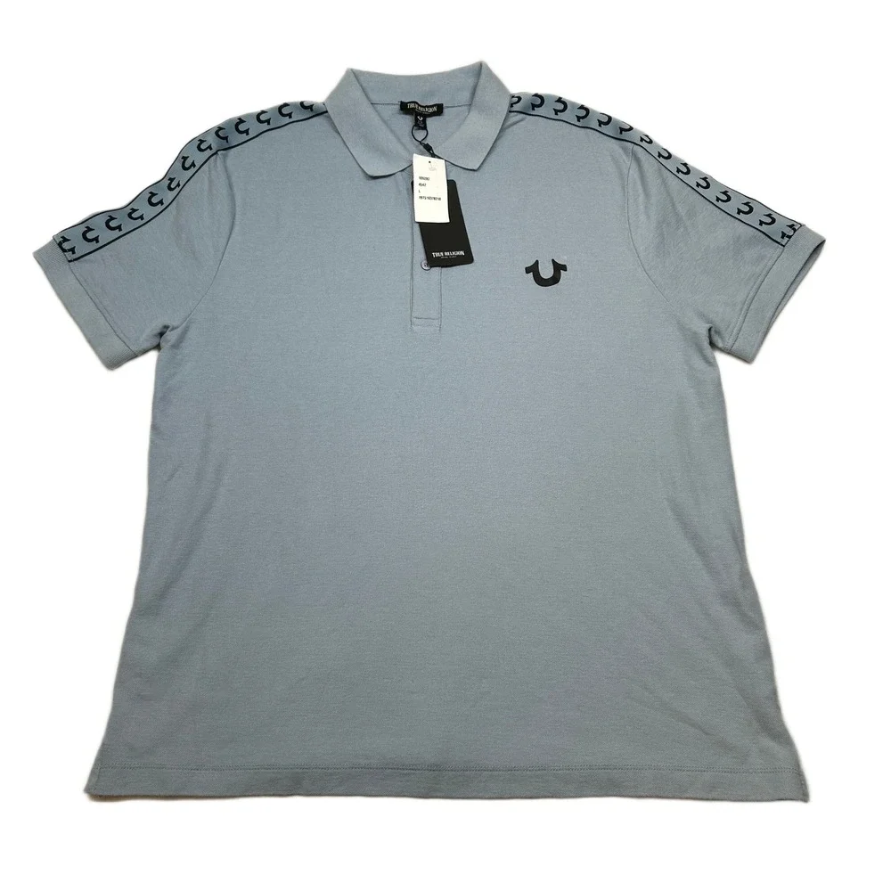 True Religion Polo Shirt‎ Mens Large Sky Blue Damask Logo Tape Trim $79 NEW